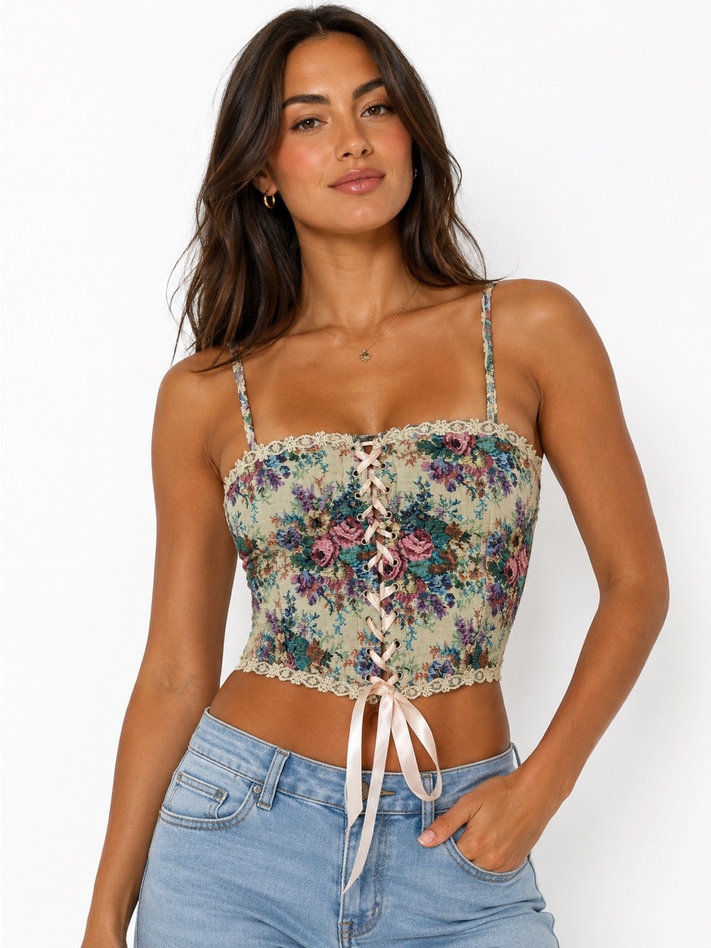 Cotton Tapestry Floral Crop Top Beige Multicolor XL Coquette Renaissance